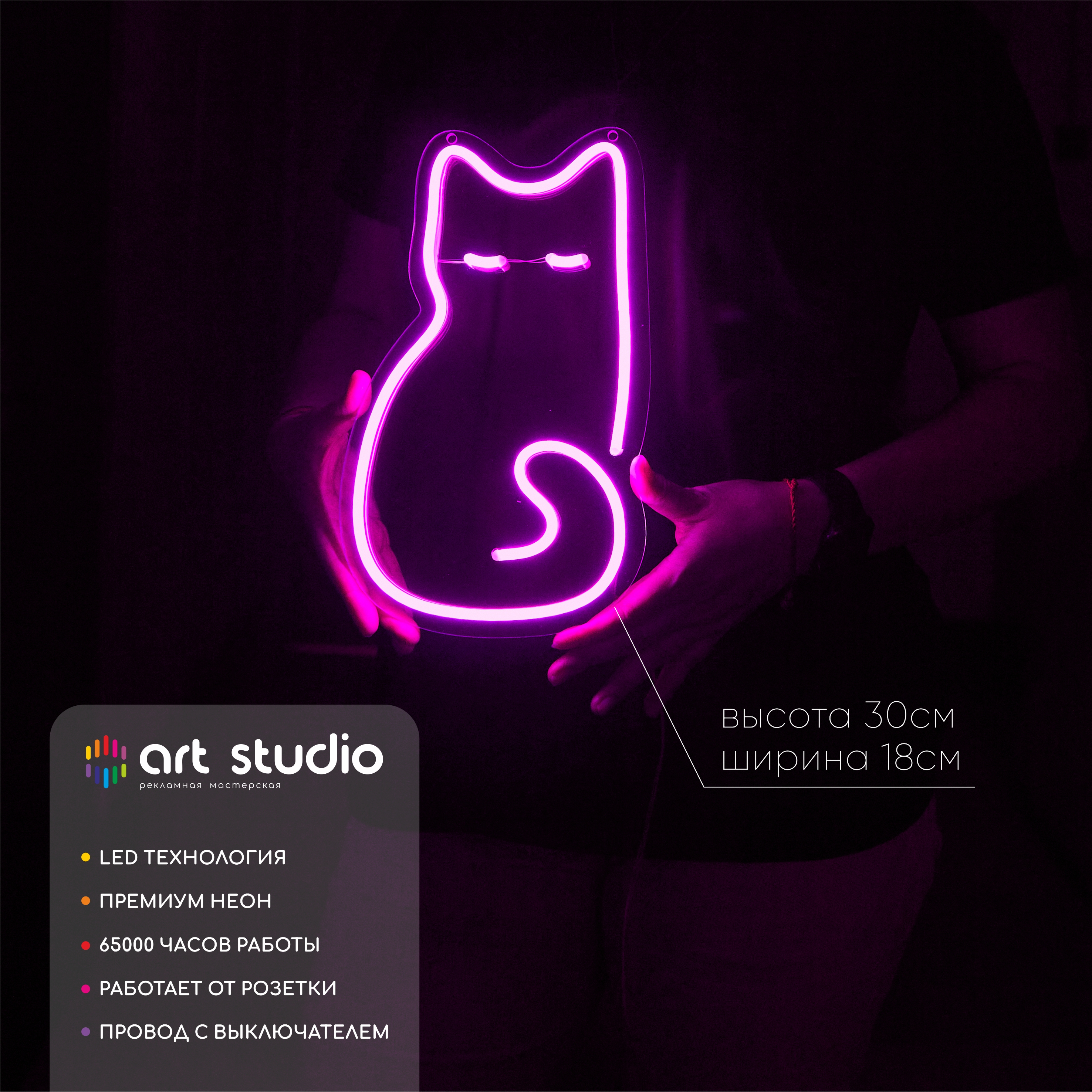 Неоновая вывеска Кот фиолетовый розовый неон 18x30 см