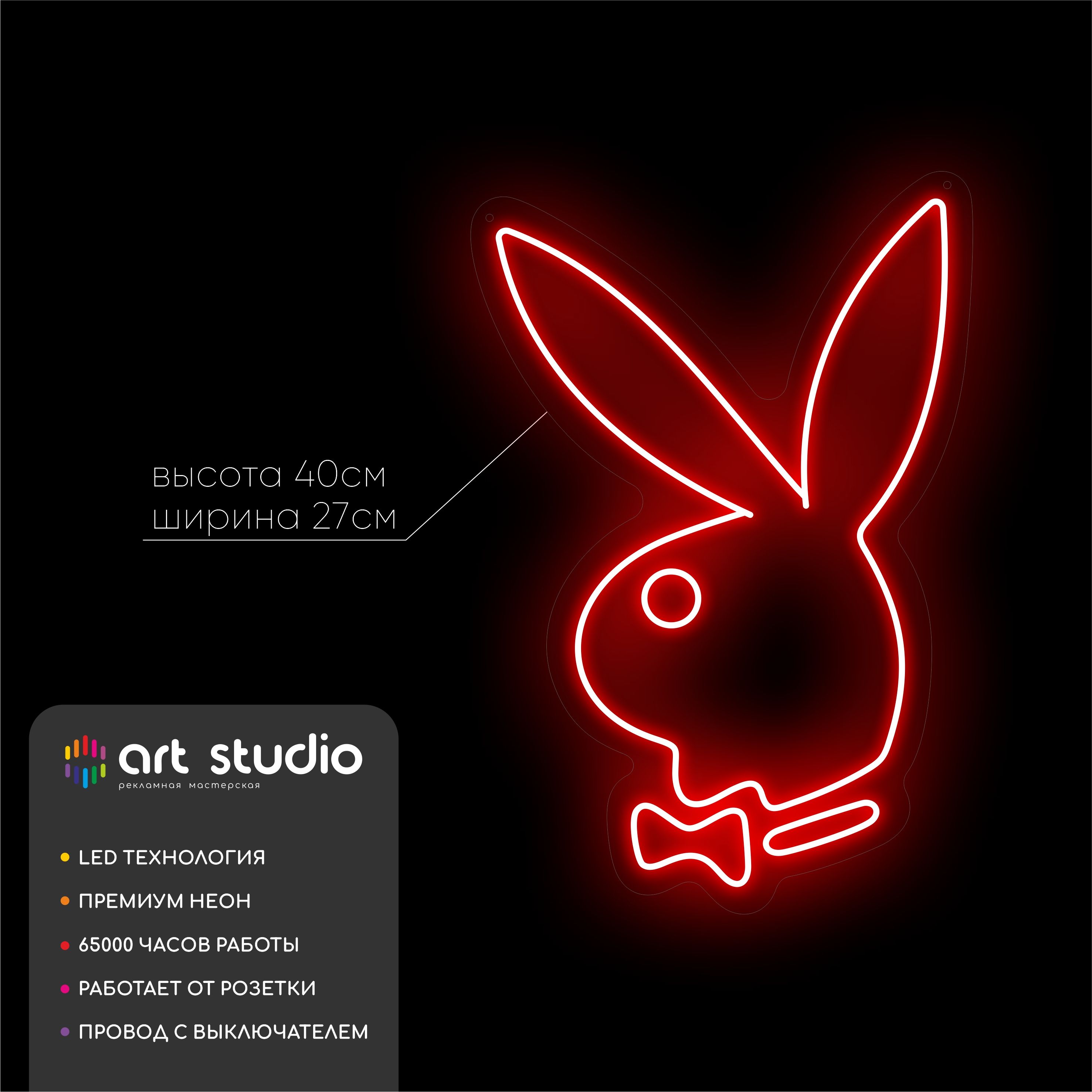 Неоновая вывеска Playboy кролик красный неон с белым контуром 27x40 см