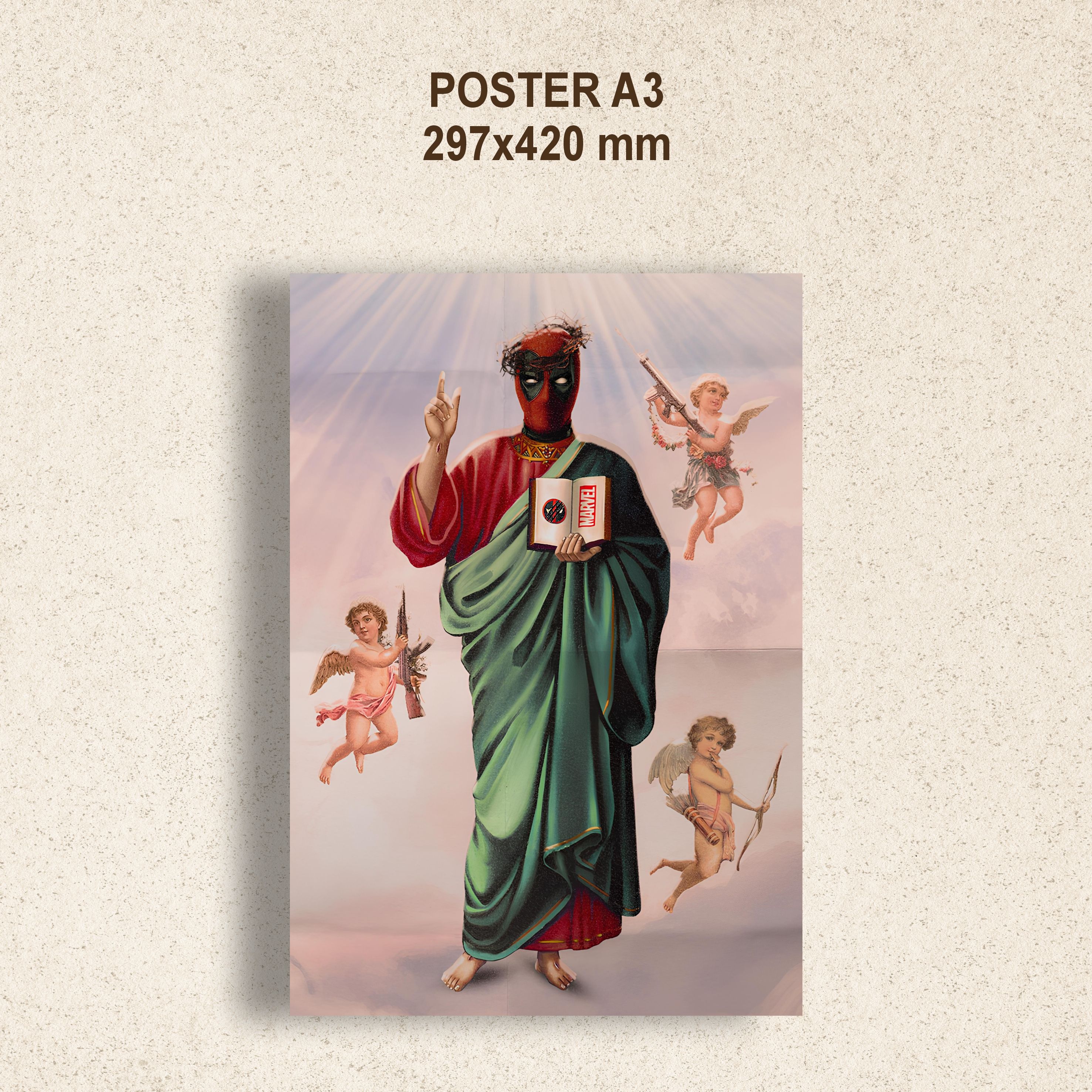 Постер Дедпул читает Библию на розовом фоне