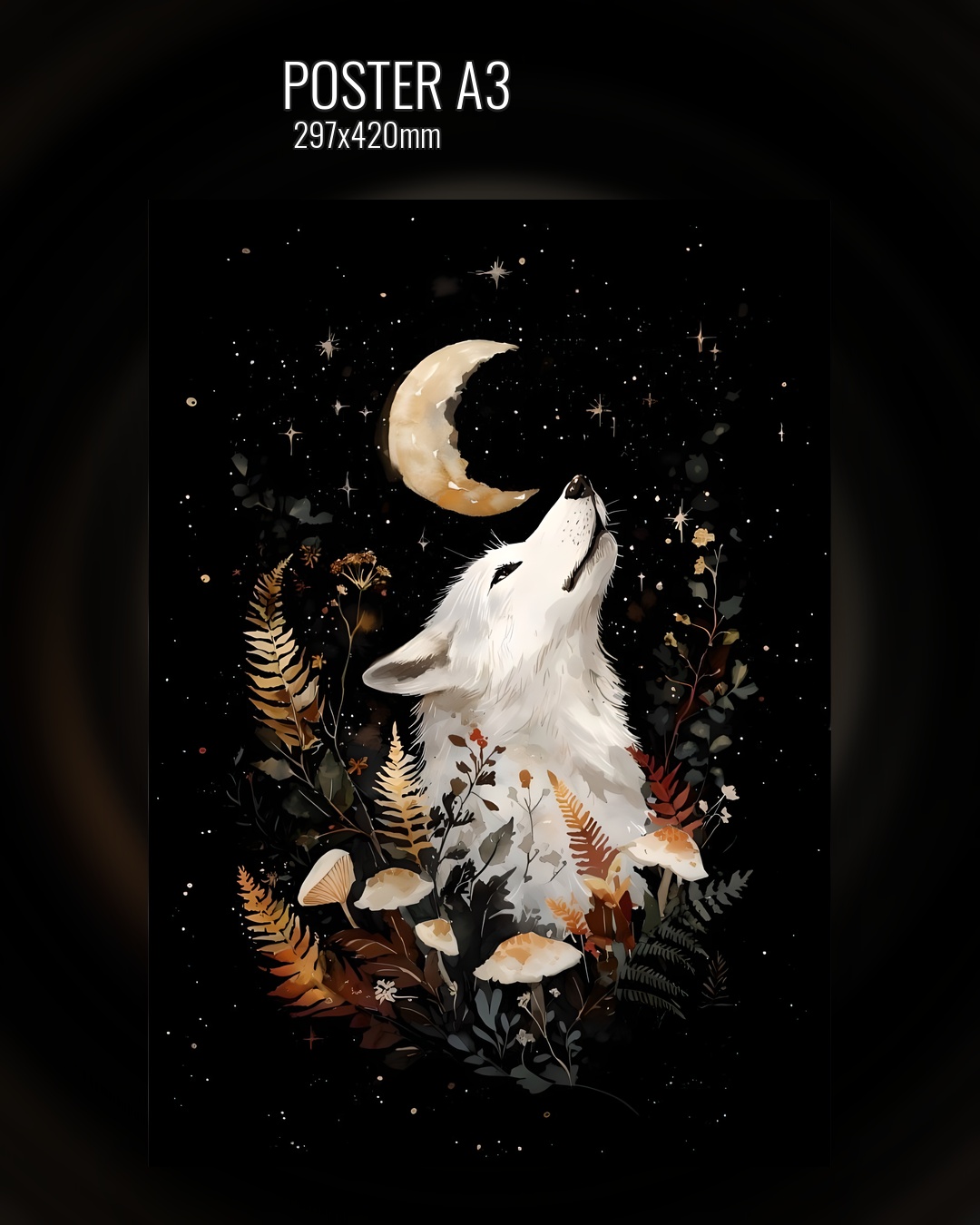 Черный постер с рисунком волка