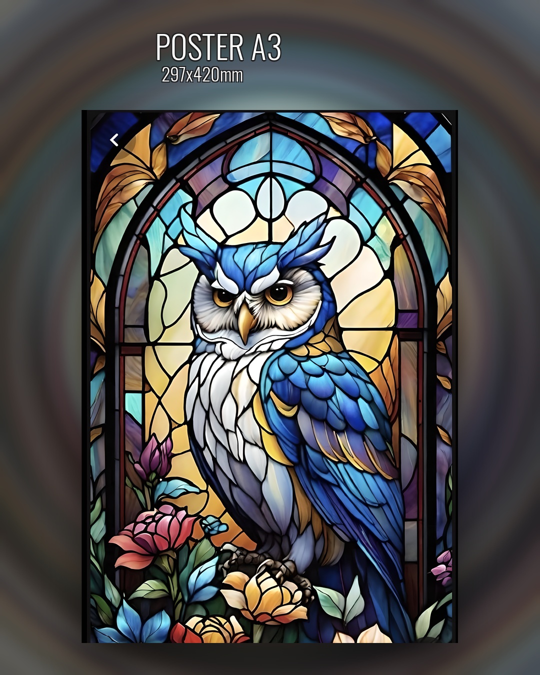 Постер с витражной совой на голубом фоне