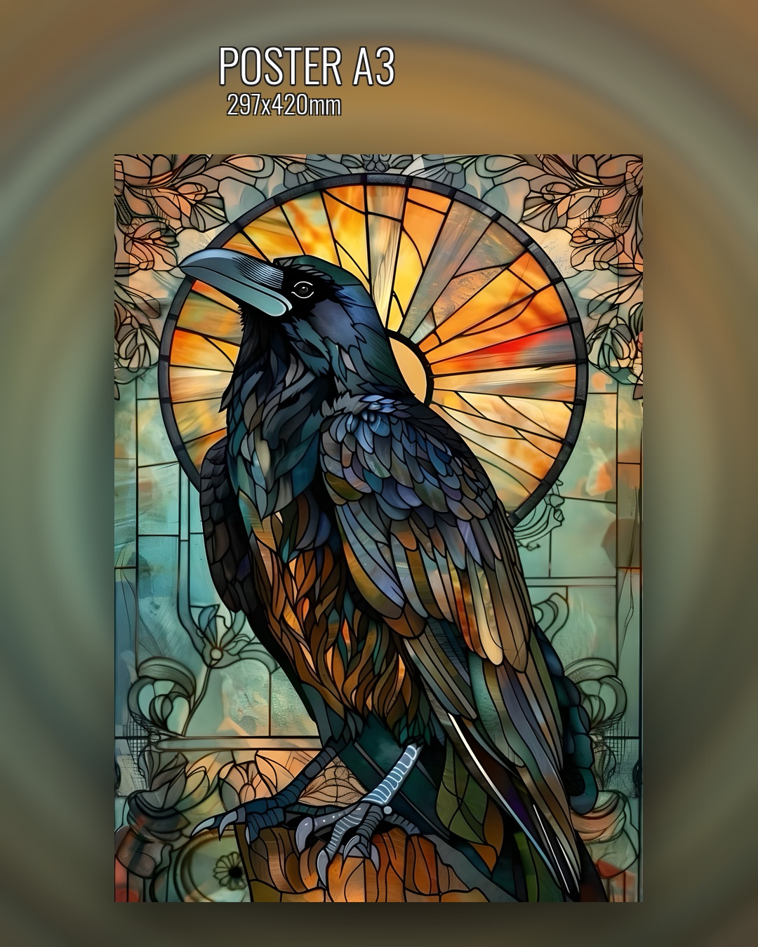 Постер с вороном на ярких витражах желтого цвета