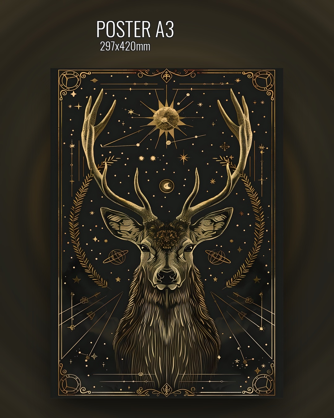 постер мистический олень звезды черный фон