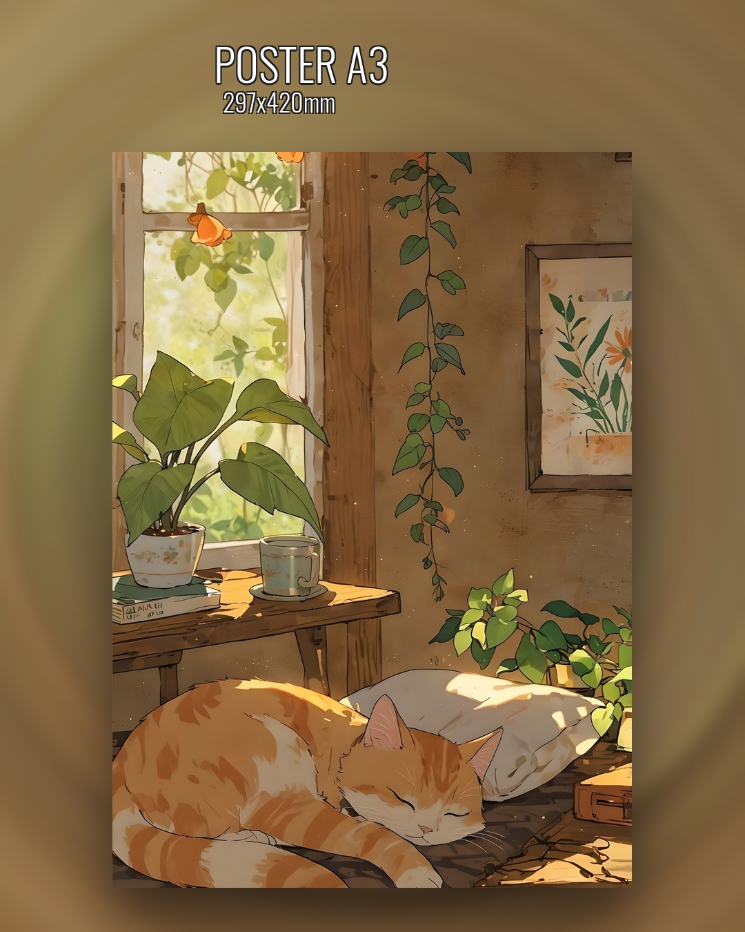 спящий котик постер 29х42 см бежевый