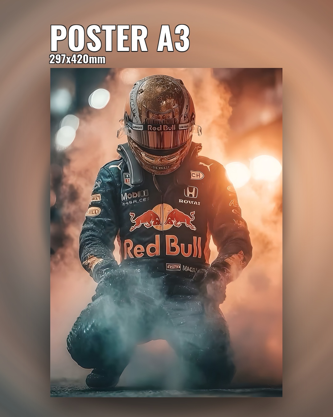 Постер гонщик Red Bull на фоне огня