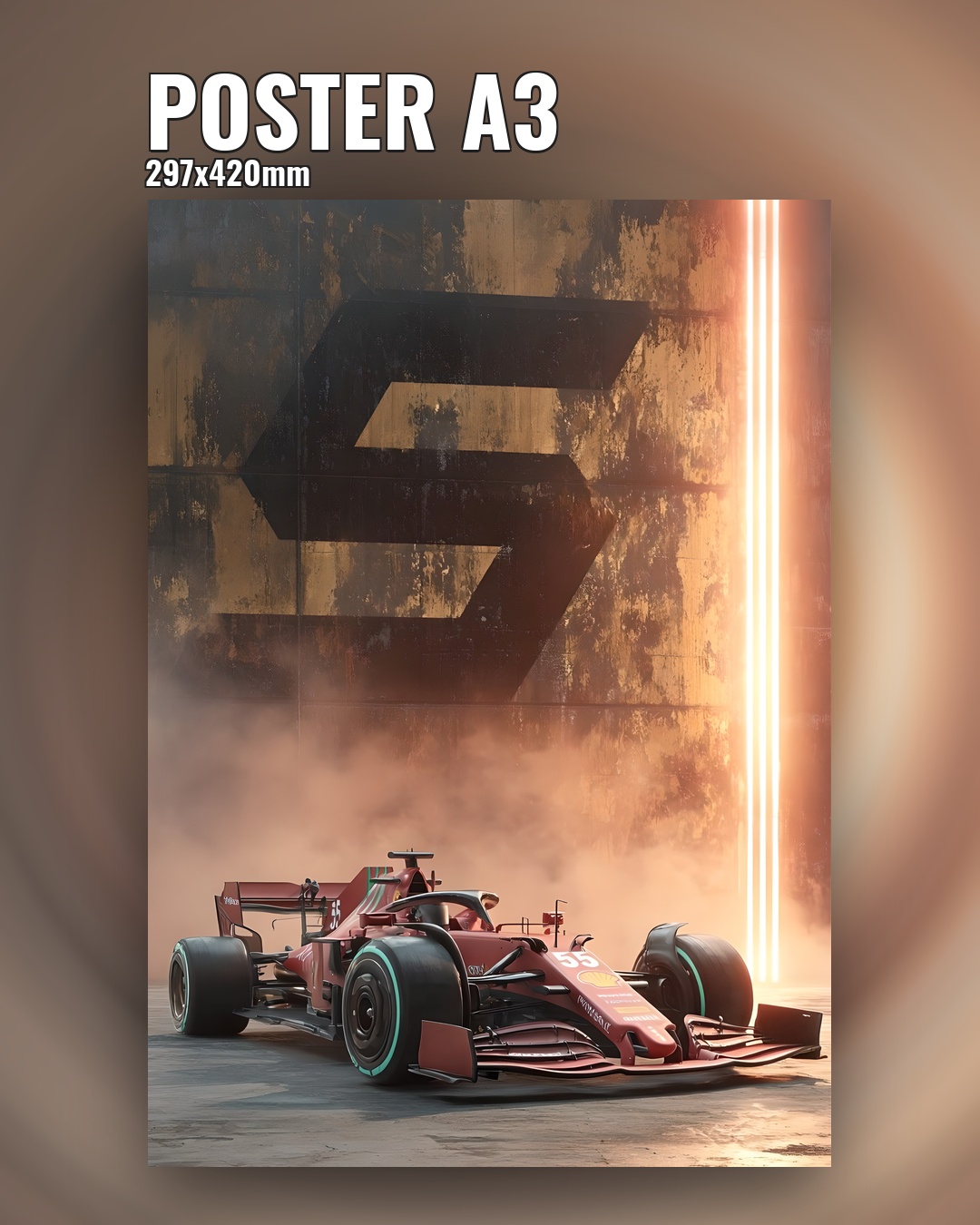 желтый постер Формулы 1 болид в дыме