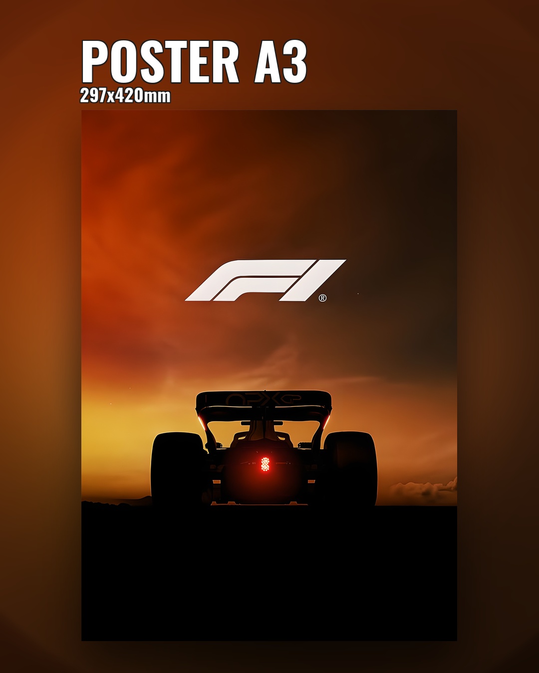 Постер силуэта болида Формулы 1 на закате