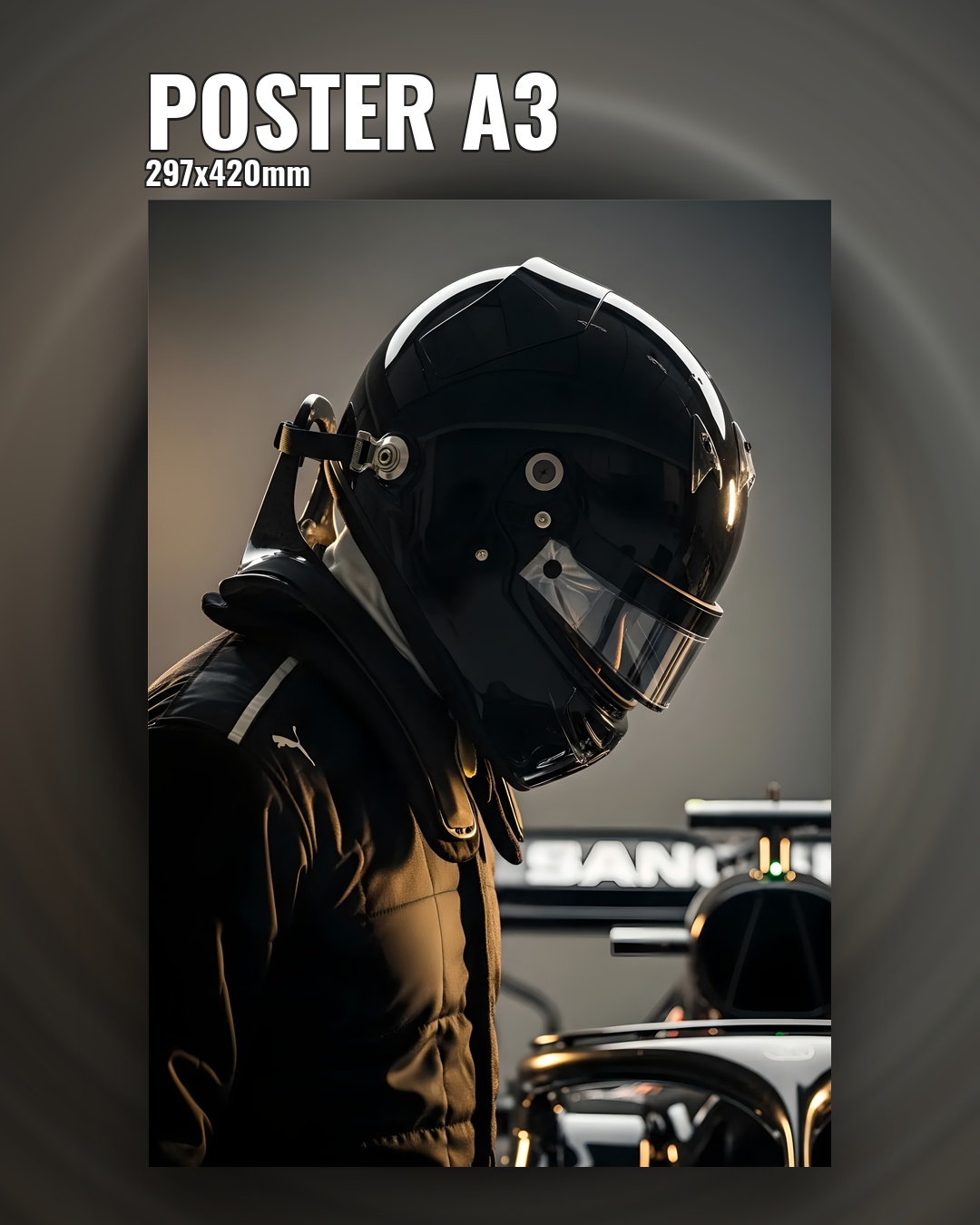 гонщик Формулы 1 в чёрном шлеме, тёмный