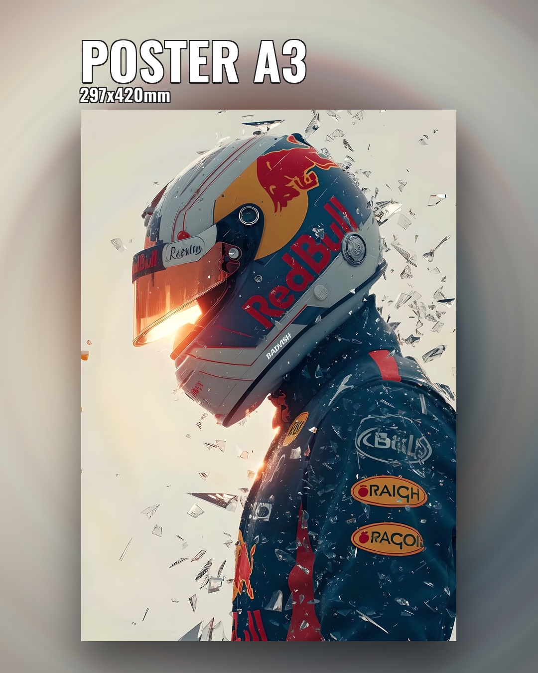 Постер гонщика Формулы 1 в шлеме с фирменным дизайном