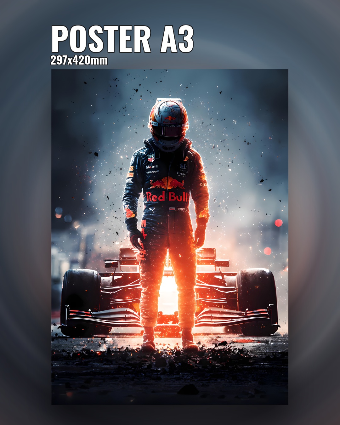 Постер пилота Формулы 1 рядом с болидом