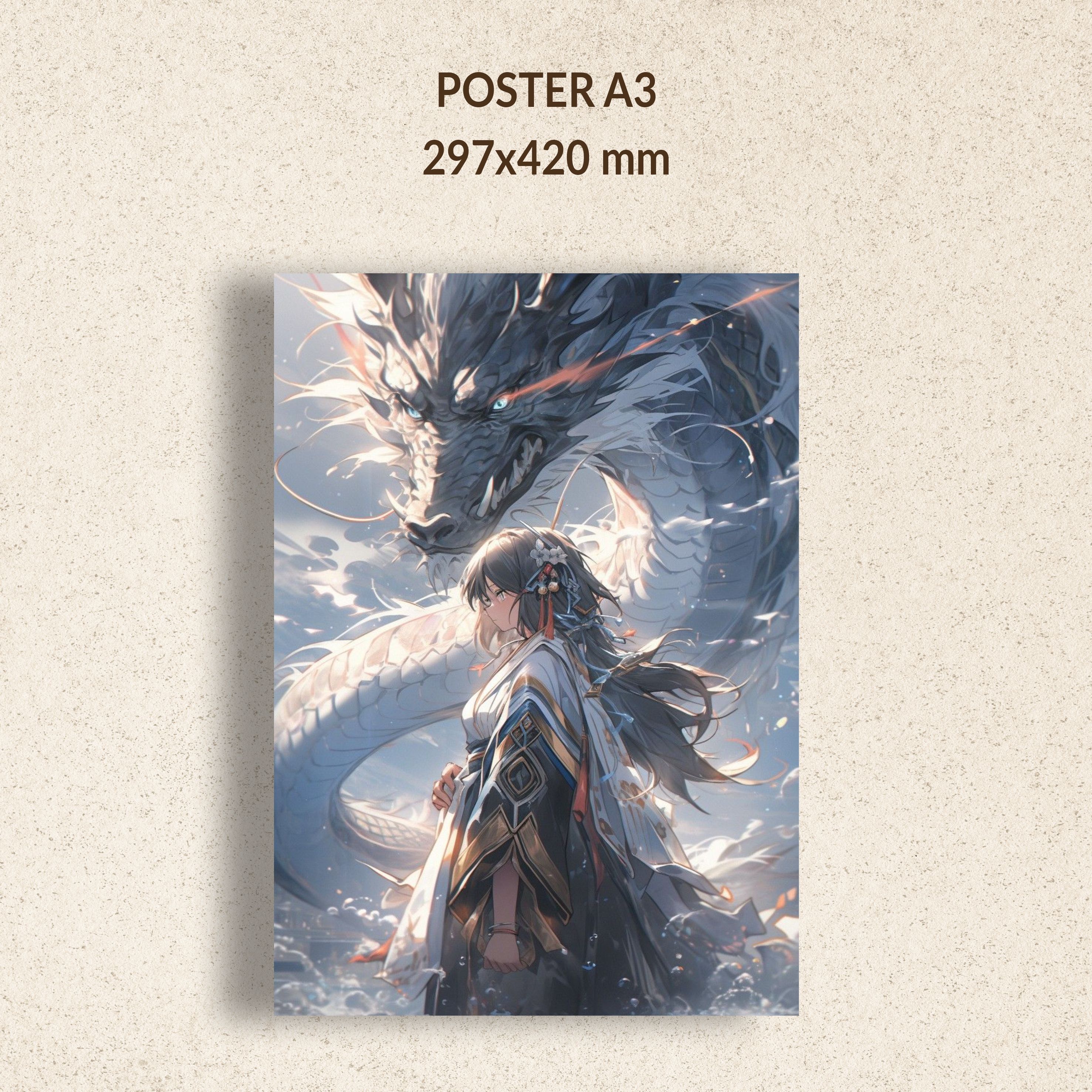 Аниме Снежный дракон и девушка постер интерьерный