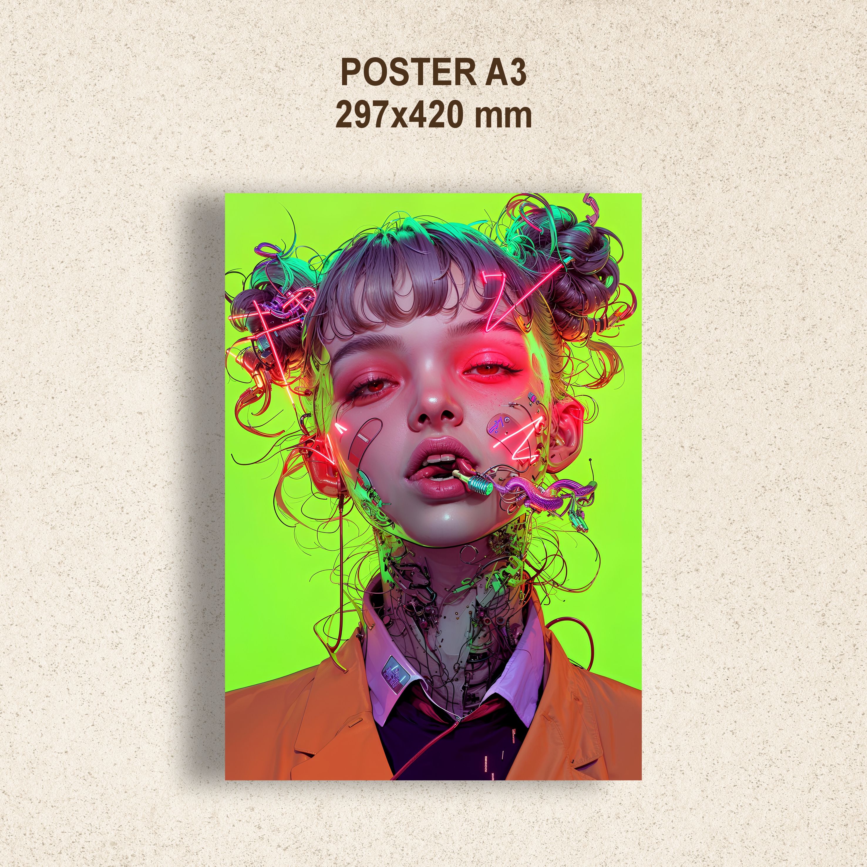 Постер Аниме Девушка киберпанк 29×42 см кислотные цвета