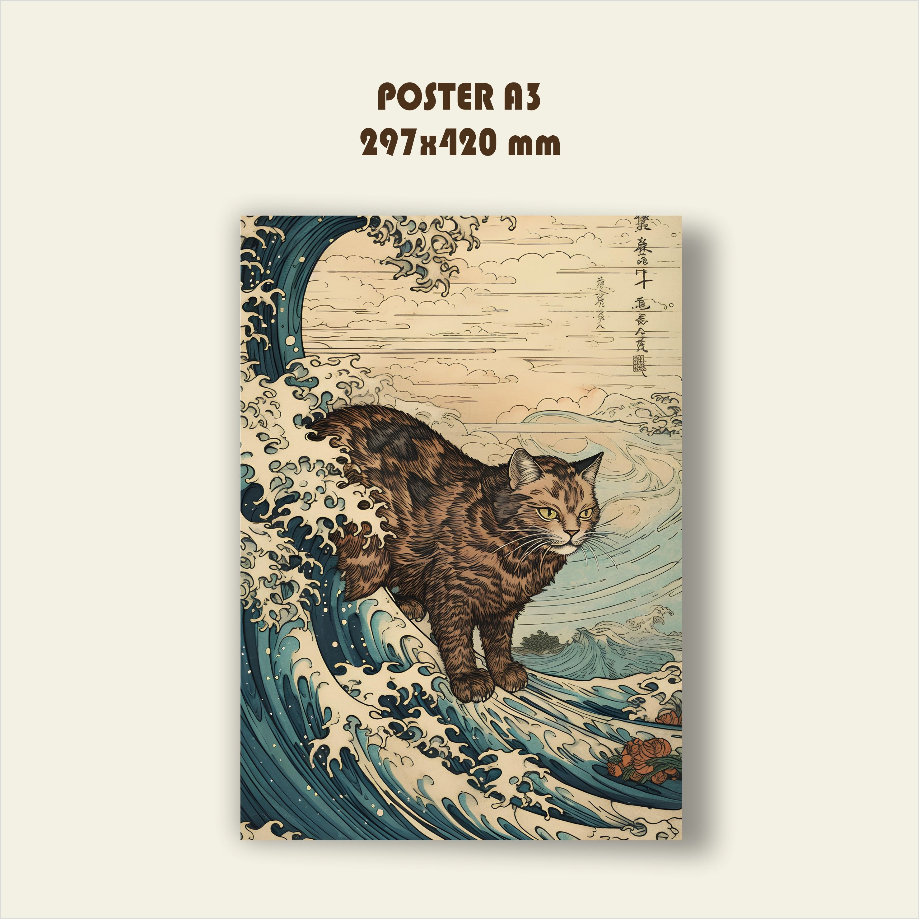 Постер кот на волне бежевый синий