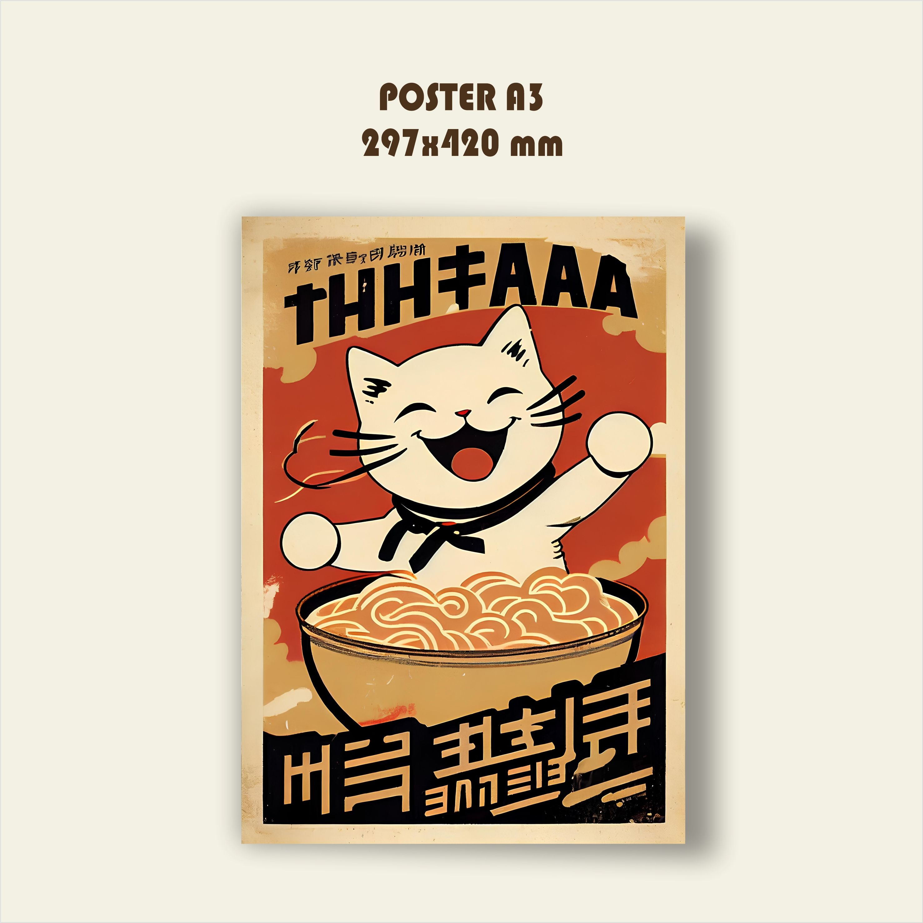 Кот с лапшой на стену стильный постер для интерьера