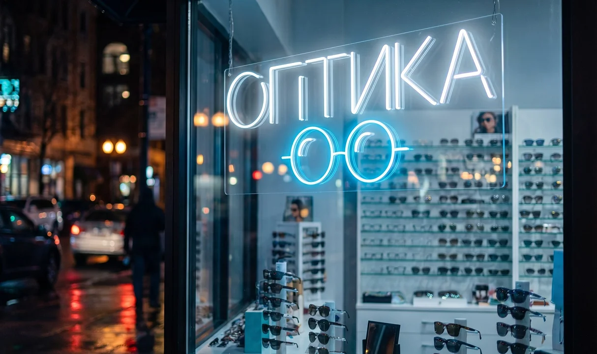 Неоновая вывеска на фасаде кафе